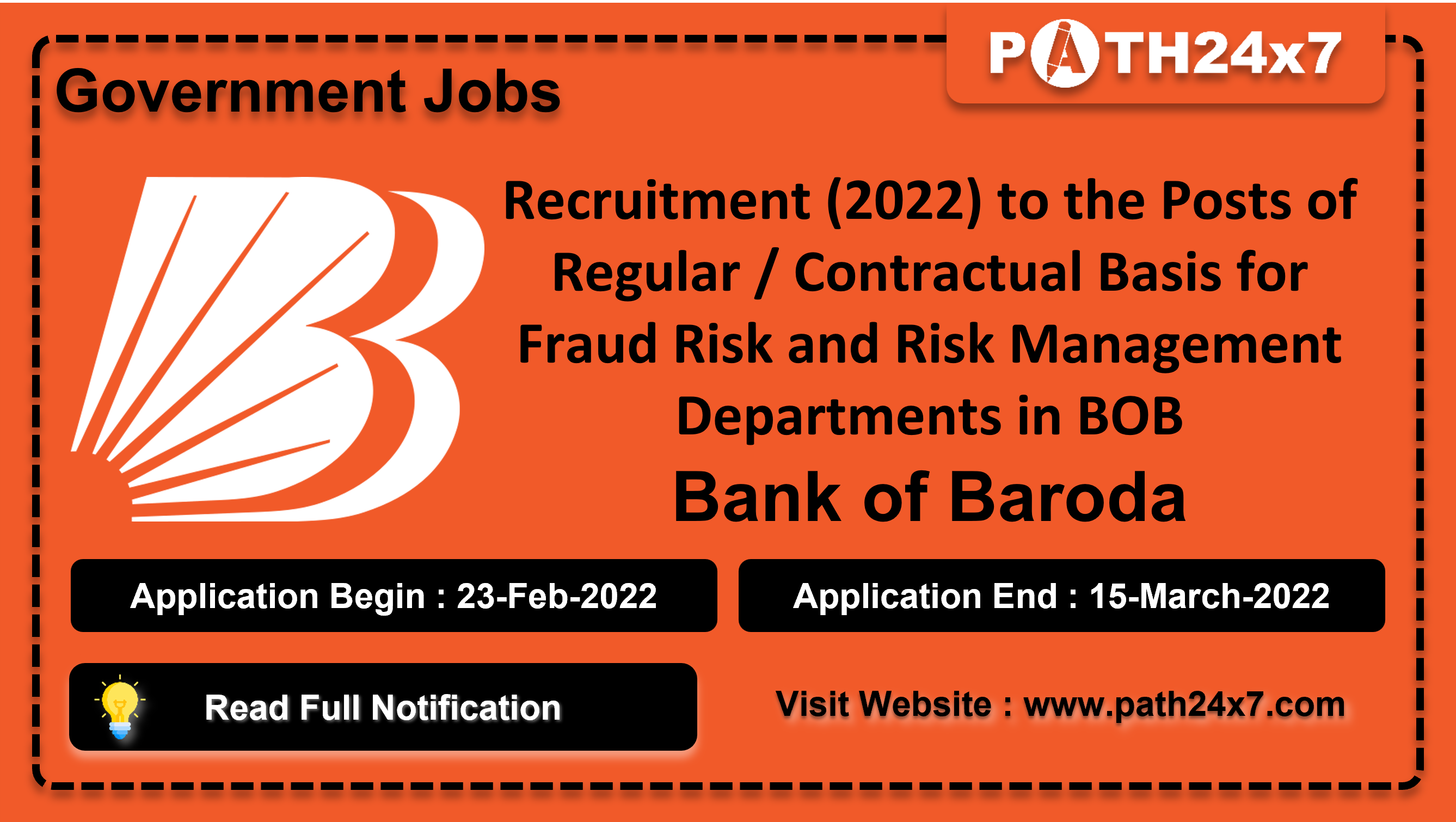 Recruitment (2022) to the Posts of Regular / Contractual Basis for Fraud Risk and Risk Management Departments in BOB, No. of Vacancies - 42, Important Dates, Application Fees, Age Limit, Educational Criteria, Physical Criteria, Vacancy Details, How to Apply By Online | Bank of Baroda